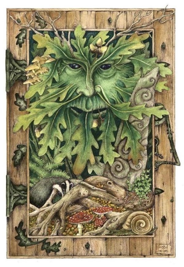 The Oak Door Green Man Greetings Card by Christopher Bell